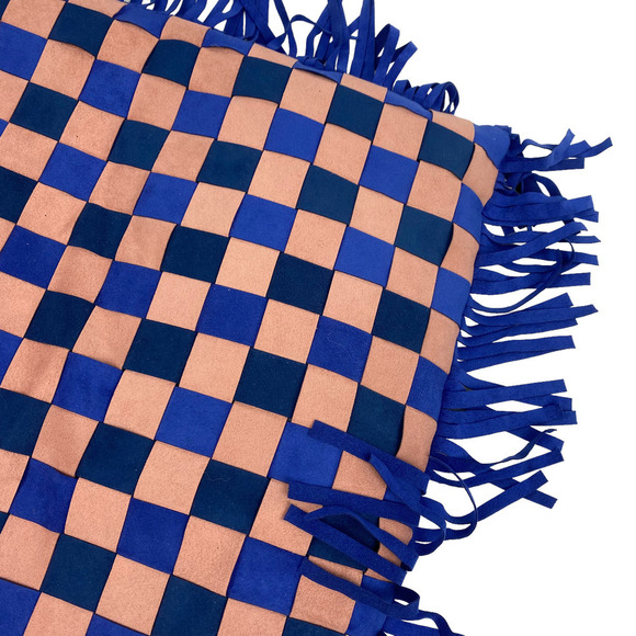 Checkerboard Maximalist Blue Pink Fringe Faux Suede Pillow Sham - Picture 3 of 3
